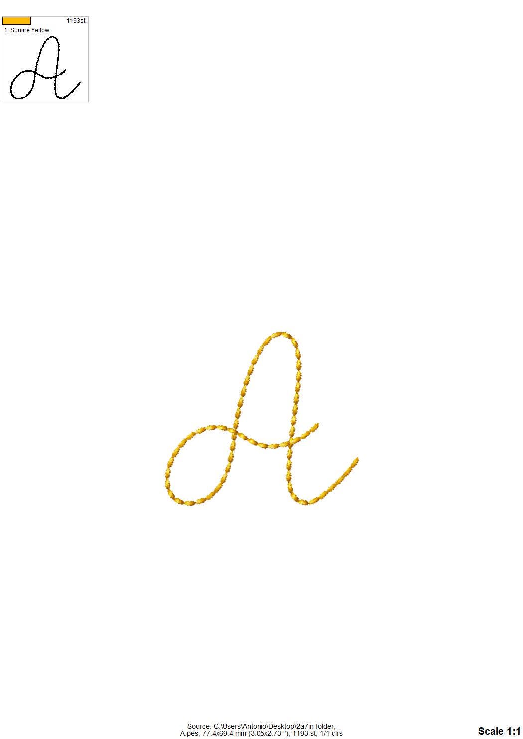 Hand stitch effect FONT Tala machine embroidery designs assorted sizes handwritten script font alphabet letters kids baby seed stitch