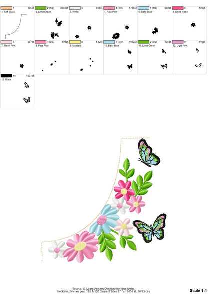 Awesome Floral Neckline Flower and Butterfly machine embroidery designs summer fall outfit t-shirt sweatshirt design sizes 4.5 up to 6in