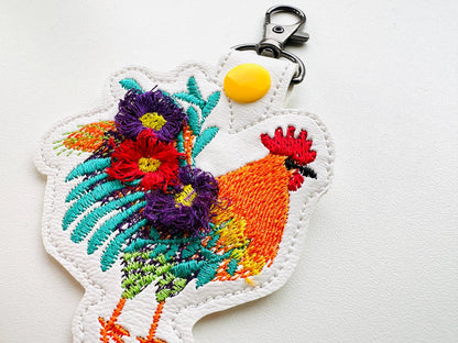 Floral Rooster Eyelet and Key Fob Snap Tab fringed fluffy keychain in the hoop ITH machine embroidery design