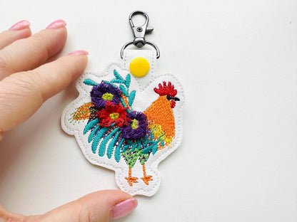 Floral Rooster Eyelet and Key Fob Snap Tab fringed fluffy keychain in the hoop ITH machine embroidery design
