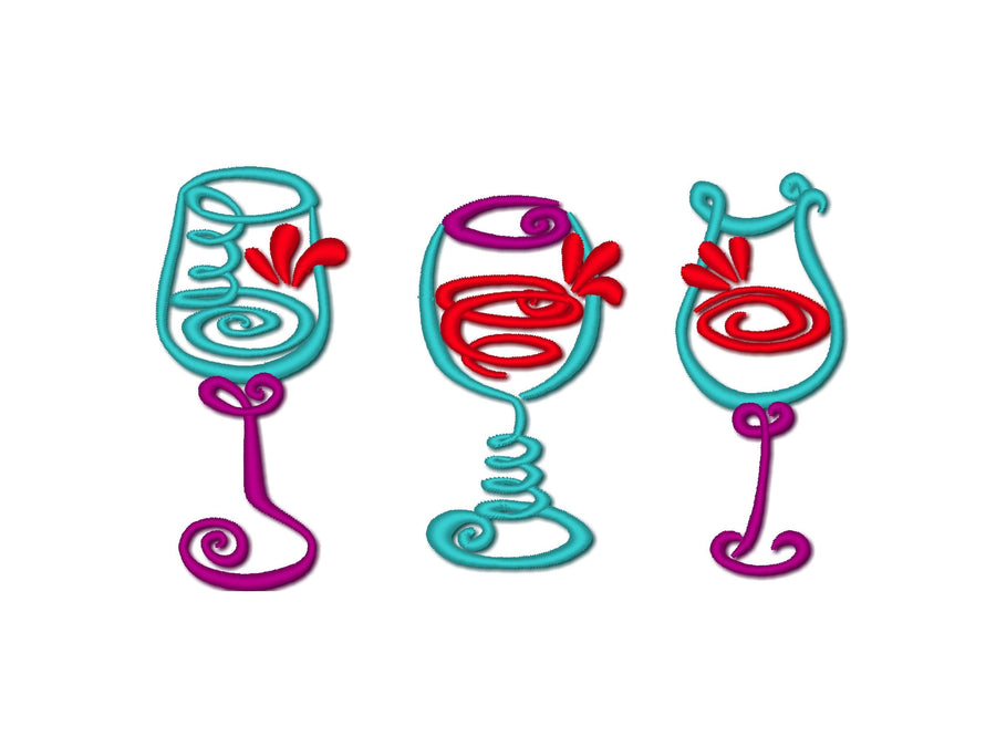 Wine glasses SET of 3 single Glass design pop art style satin stitch outline machine embroidery designs 
