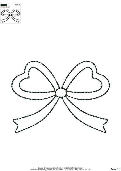 Hand stitch effect Bow outline machine embroidery designs sizes 4 up to 7 inch kids girls baby Bow Ribbon silhouette seed stitch design
