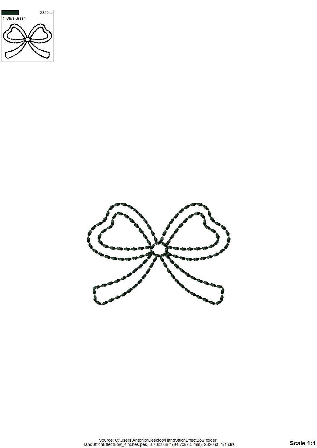 Hand stitch effect Bow outline machine embroidery designs sizes 4 up to 7 inch kids girls baby Bow Ribbon silhouette seed stitch design