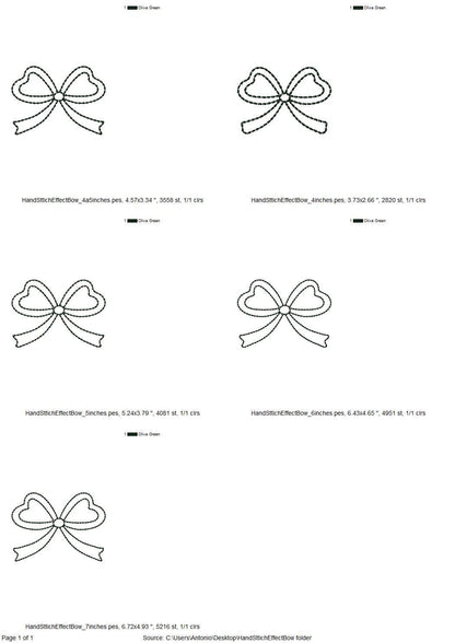 Hand stitch effect Bow outline machine embroidery designs sizes 4 up to 7 inch kids girls baby Bow Ribbon silhouette seed stitch design