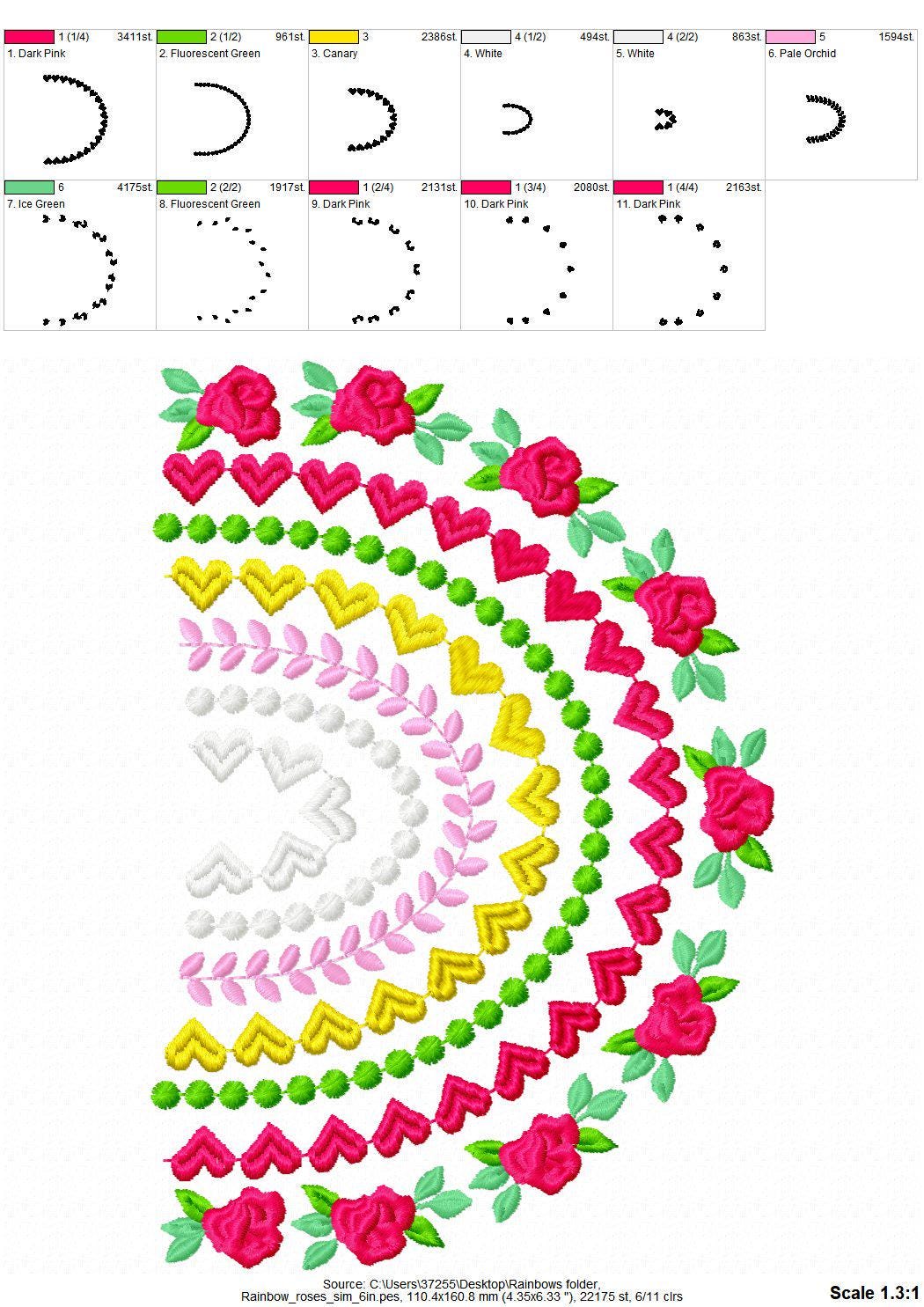 Delicate Roses Floral Rainbow Boho Shabby Chic Machine Embroidery Designs Assorted Sizes Girly Pretty Rainbow Rose Flower Heart Pearl