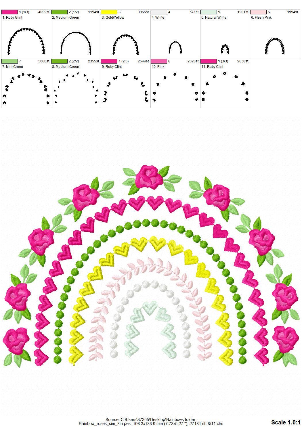 Delicate Roses Floral Rainbow Boho Shabby Chic Machine Embroidery Designs Assorted Sizes Girly Pretty Rainbow Rose Flower Heart Pearl