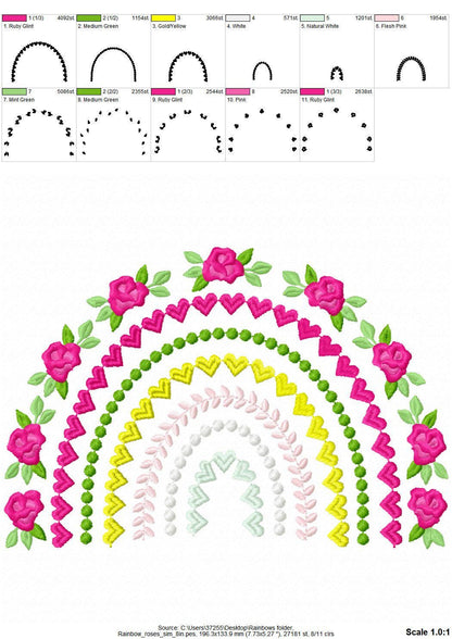 Delicate Roses Floral Rainbow Boho Shabby Chic Machine Embroidery Designs Assorted Sizes Girly Pretty Rainbow Rose Flower Heart Pearl