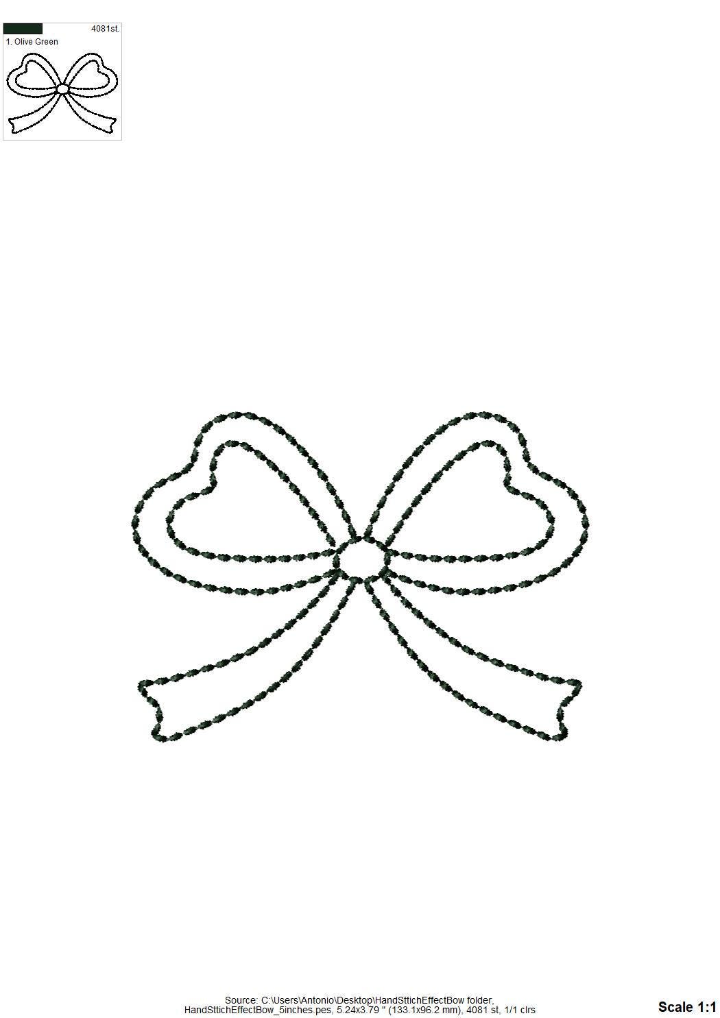 Hand stitch effect Bow outline machine embroidery designs sizes 4 up to 7 inch kids girls baby Bow Ribbon silhouette seed stitch design