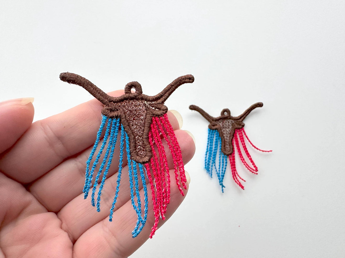 Longhorn Cow lace earrings charm pendant FSL freestanding lace machine embroidery designs Farm Bull Cowgirl dangle earrings in the hoop