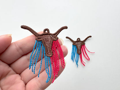 Longhorn Cow lace earrings charm pendant FSL freestanding lace machine embroidery designs Farm Bull Cowgirl dangle earrings in the hoop