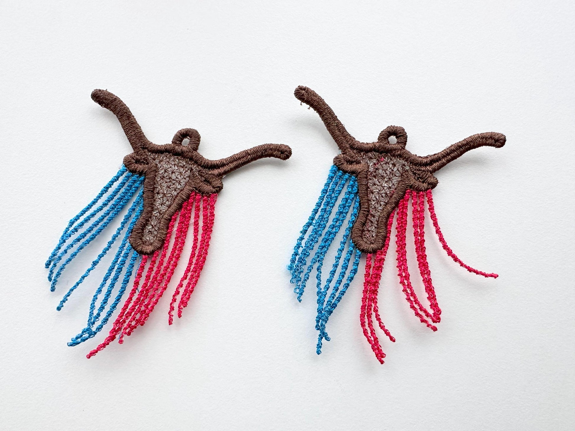 Longhorn Cow lace earrings charm pendant FSL freestanding lace machine embroidery designs Farm Bull Cowgirl dangle earrings in the hoop