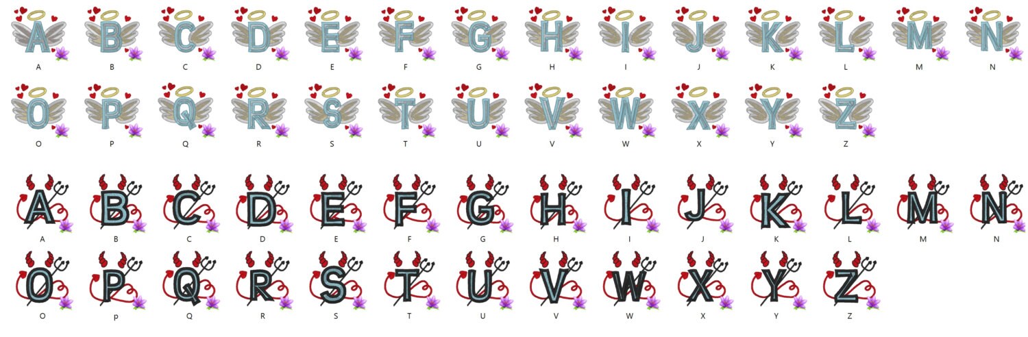 Devil and Angel Font Set of 2 Alphabet Monogram applique machine embroidery designs