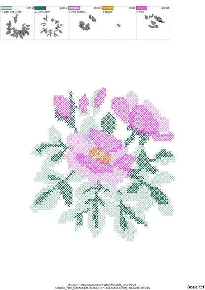 Cross stitch Rose flower bouquet floral Peony branch machine embroidery designs assorted sizes 3.5 up to 8 inch sweet home garden design