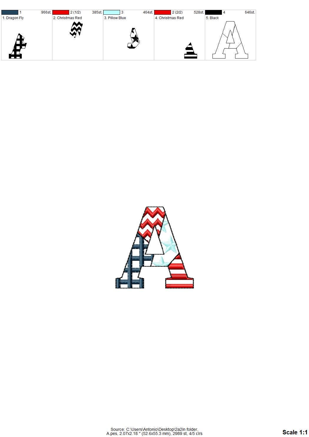 Patchwork USA flag Block FONT patterned and outline alphabet monogram letters patriotic machine embroidery design