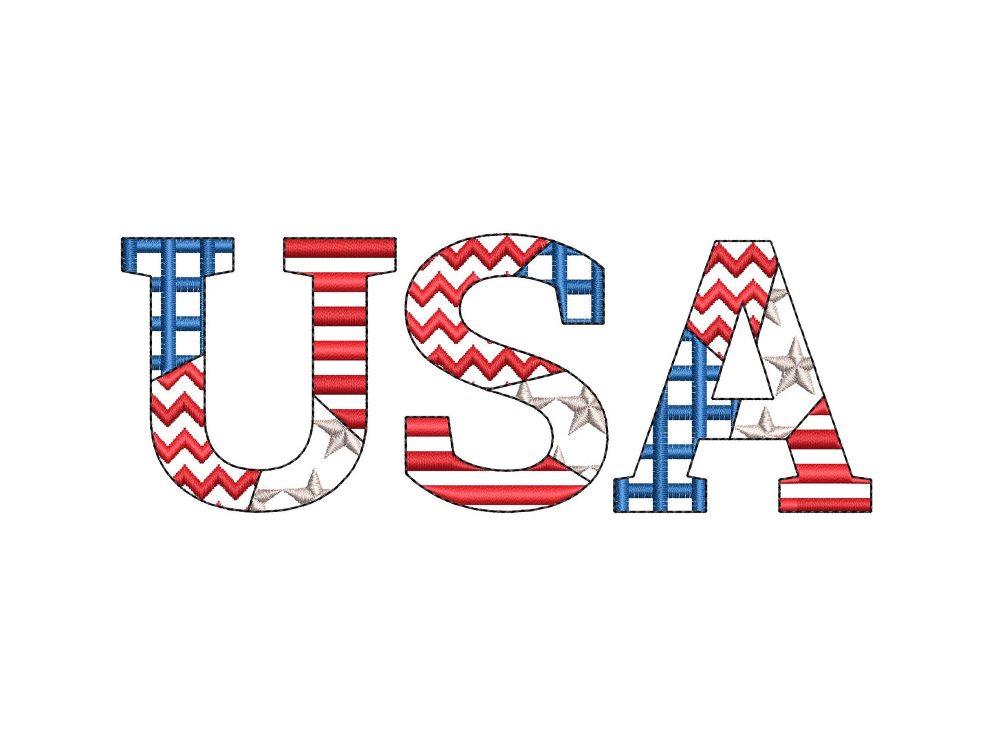 Patchwork USA flag Block FONT patterned and outline alphabet monogram letters patriotic machine embroidery design