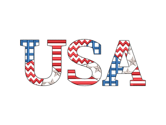 Patchwork USA flag Block FONT patterned and outline alphabet monogram letters patriotic machine embroidery design