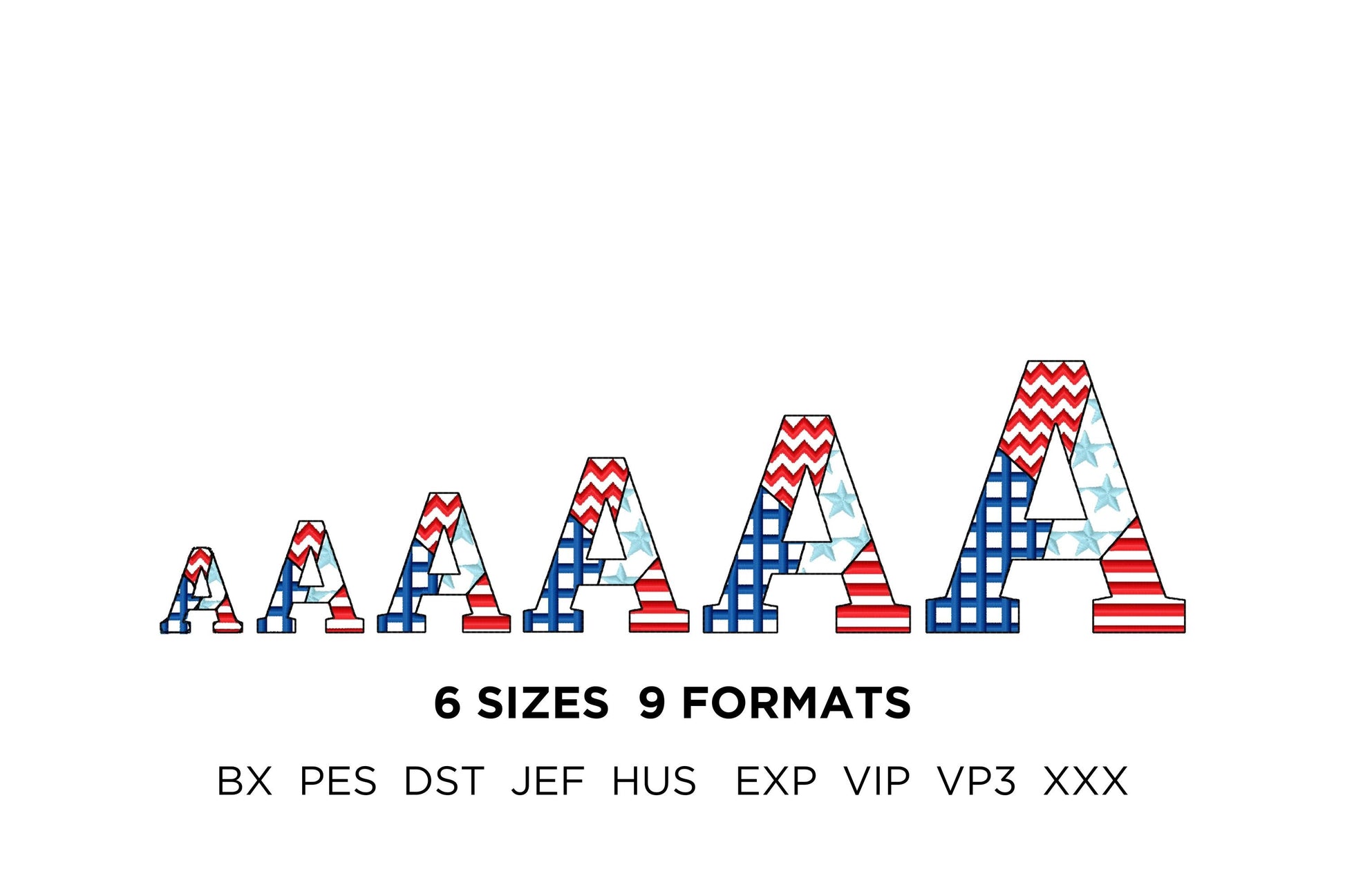 Patchwork USA flag Block FONT patterned and outline alphabet monogram letters patriotic machine embroidery design
