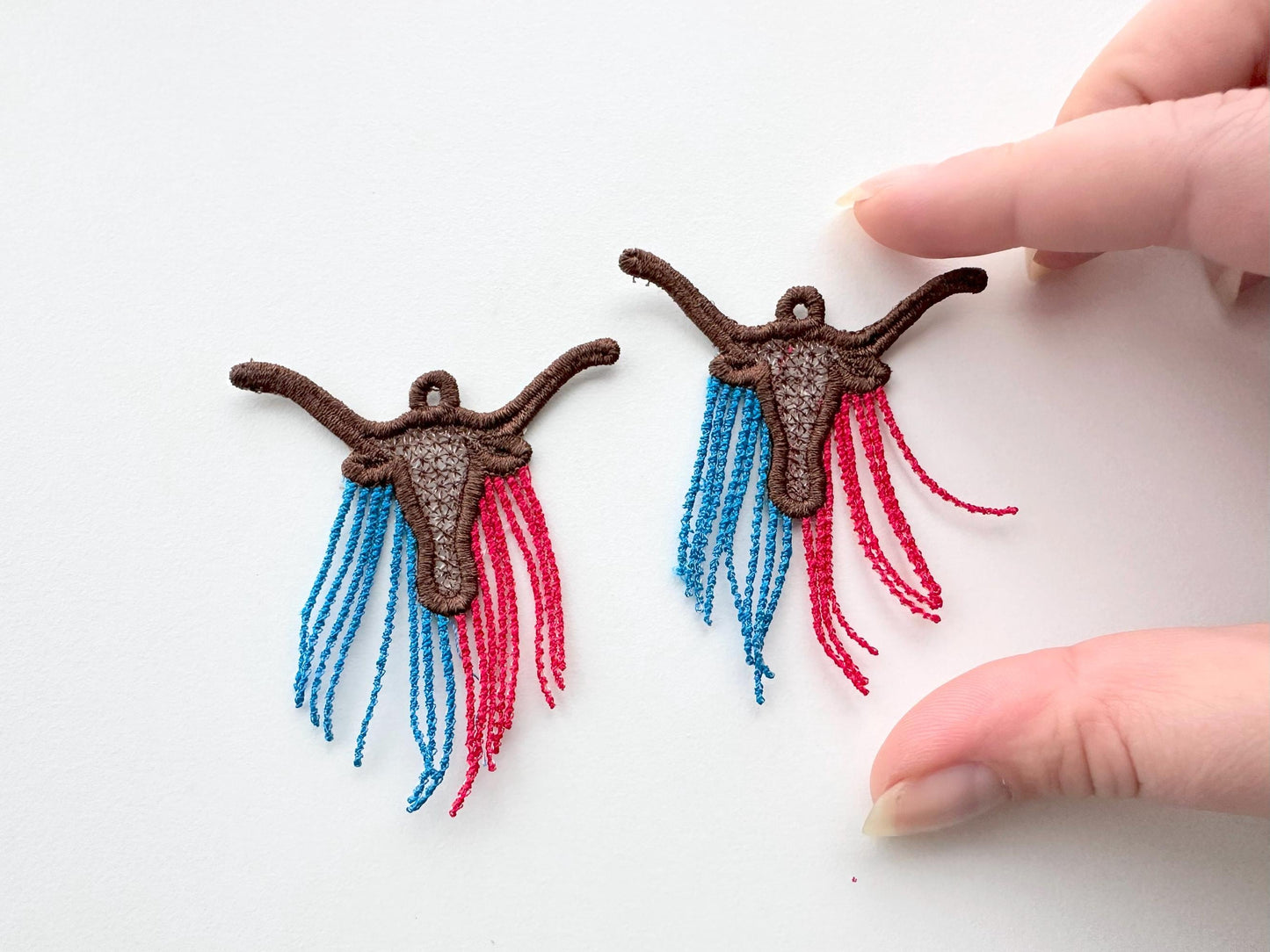 Longhorn Cow lace earrings charm pendant FSL freestanding lace machine embroidery designs Farm Bull Cowgirl dangle earrings in the hoop