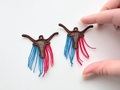 Longhorn Cow lace earrings charm pendant FSL freestanding lace machine embroidery designs Farm Bull Cowgirl dangle earrings in the hoop