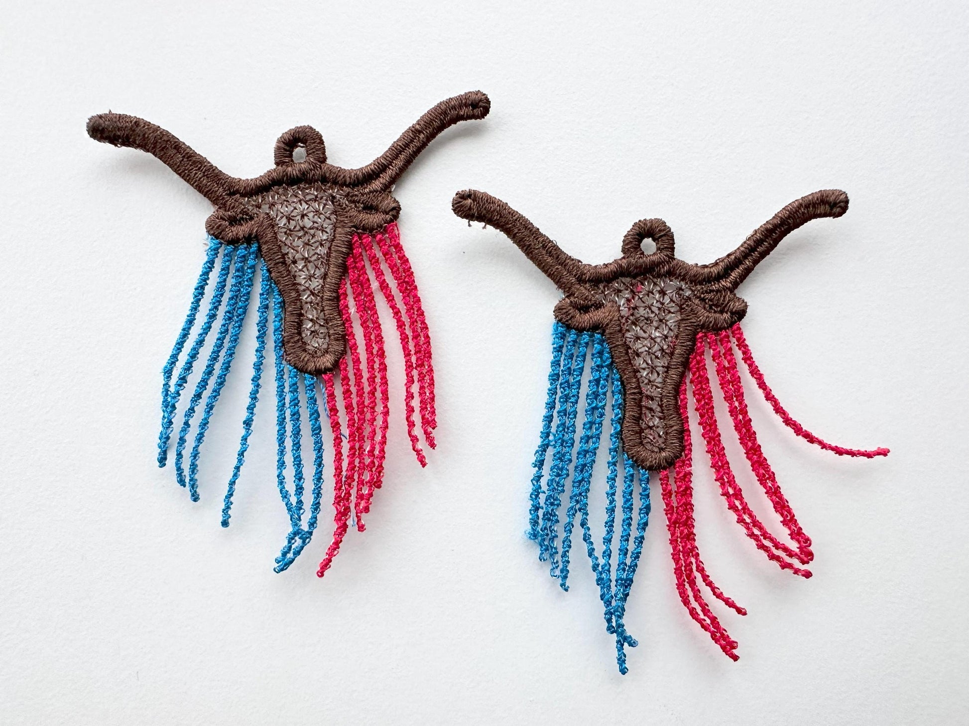 Longhorn Cow lace earrings charm pendant FSL freestanding lace machine embroidery designs Farm Bull Cowgirl dangle earrings in the hoop