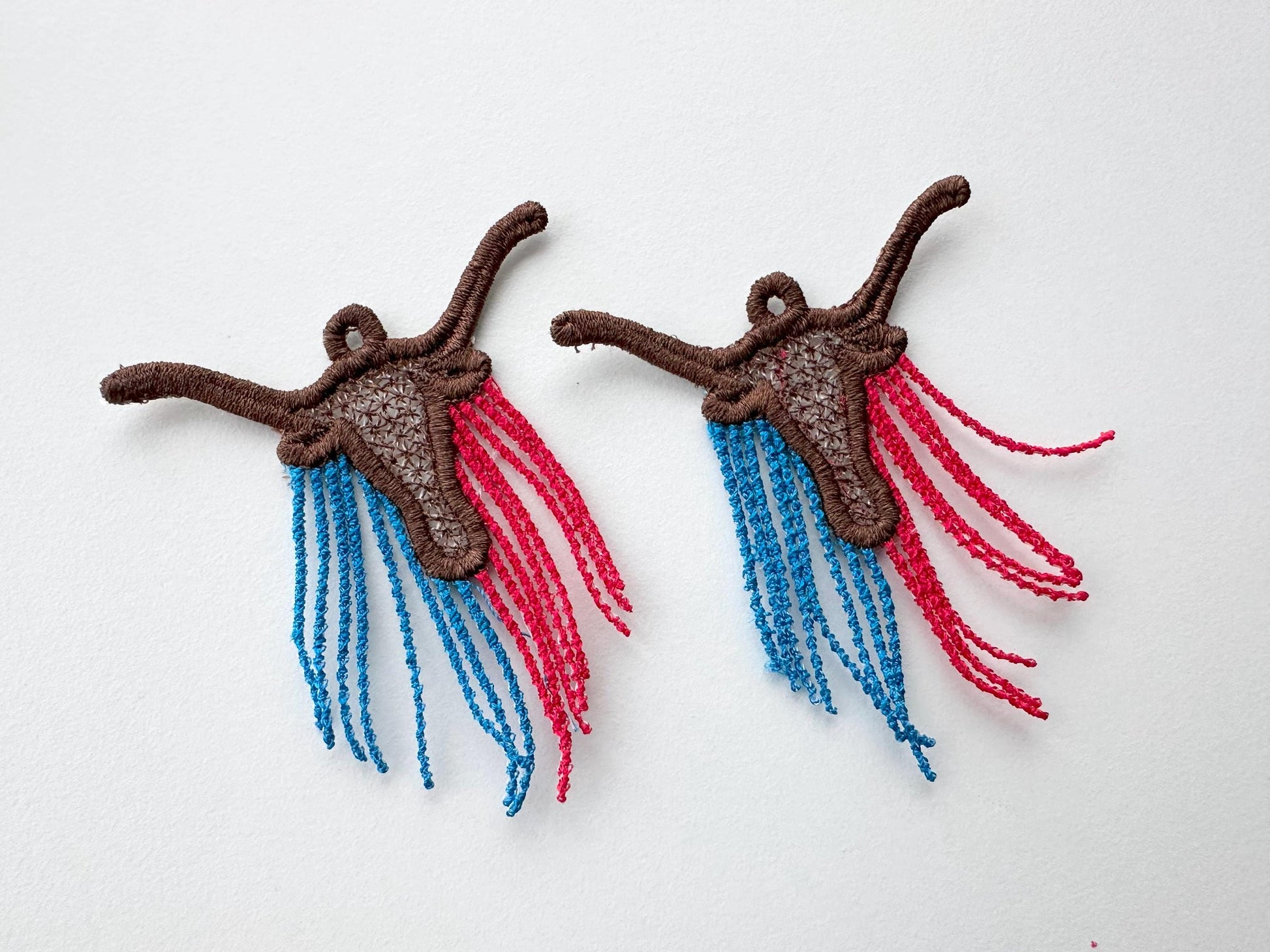 Longhorn Cow lace earrings charm pendant FSL freestanding lace machine embroidery designs Farm Bull Cowgirl dangle earrings in the hoop