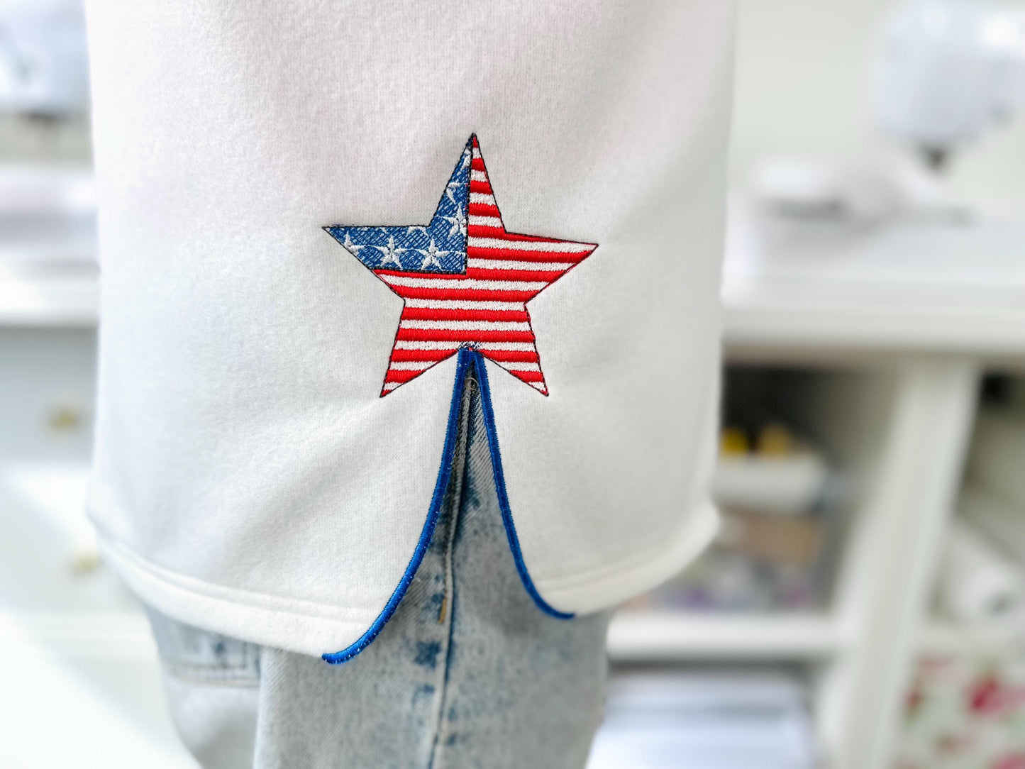 Patriotic Star split side seam cutout side bow machine embroidery designs stars and stripes 4th of July girls t-shirt sweatshirt design