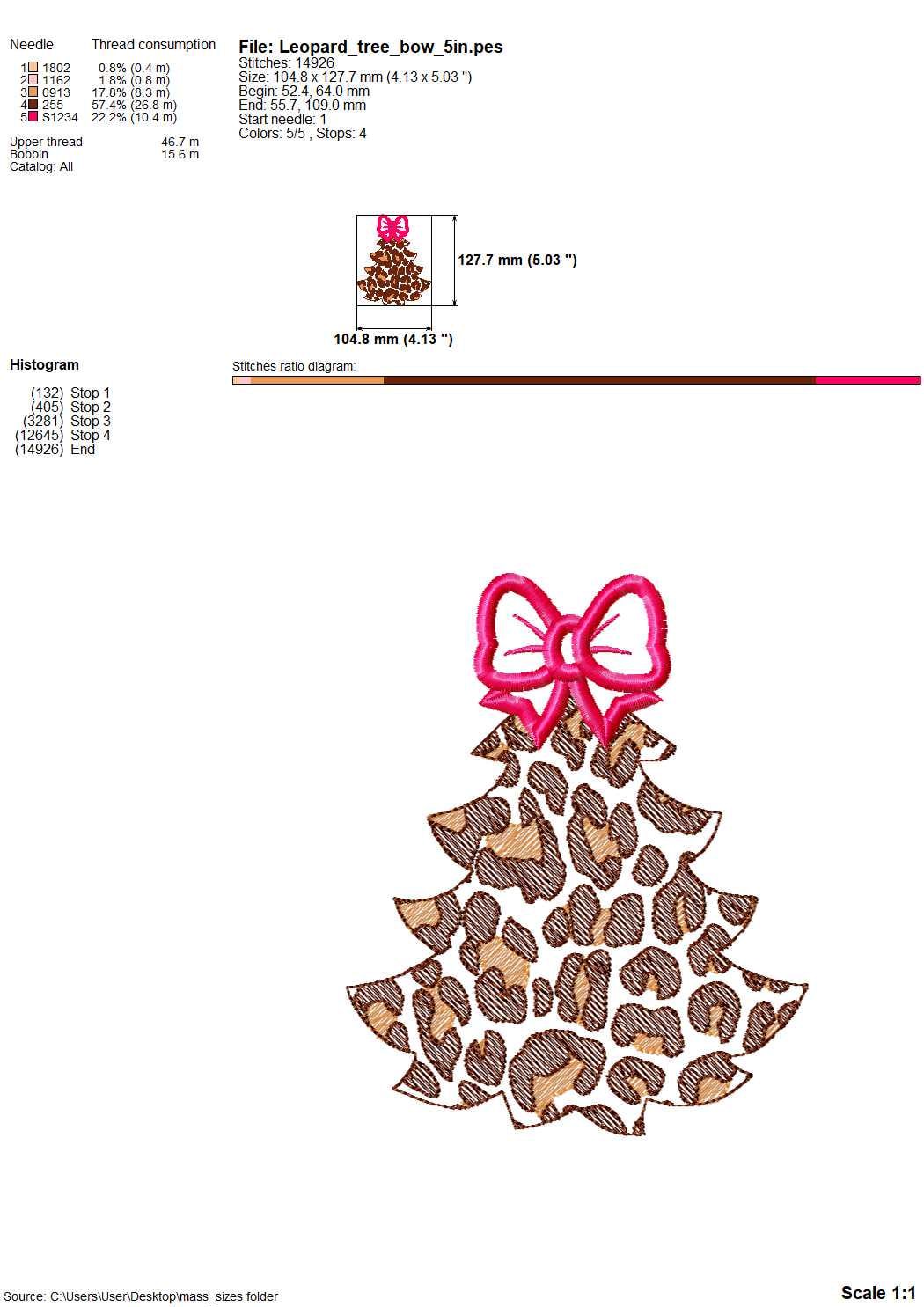 Leopard print with bow Christmas tree animal print Woodland Tree Applique light stitch outline machine embroidery designs