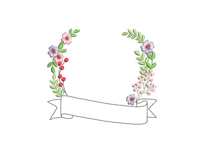 Simple versatile floral monogram frame with banner flowered bouquet baby birth announcement machine embroidery design 