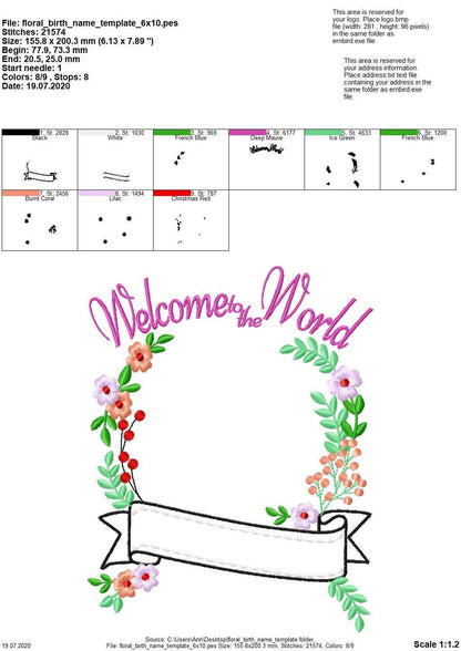 Floral Baby Birth Announcement monogram frame with banner and mini Font SET machine embroidery designs