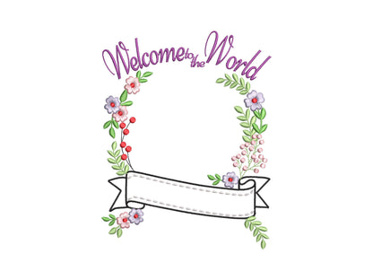 Floral Baby Birth Announcement monogram frame with banner and mini Font SET machine embroidery designs