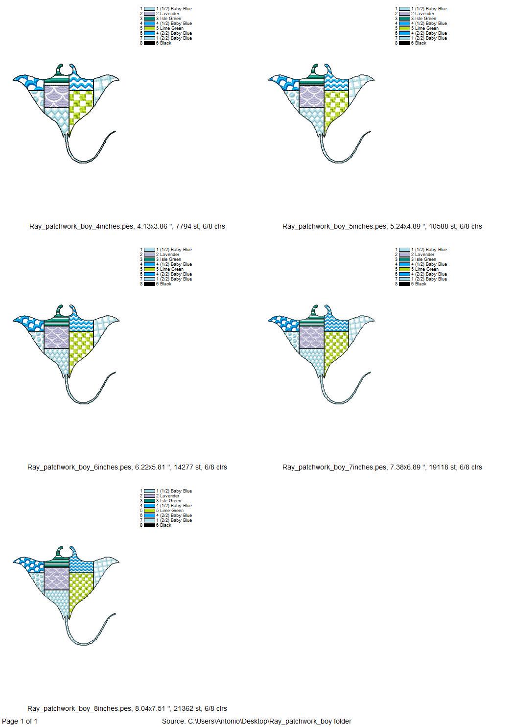 Patchwork Ray patterned sea life ocean animal Skate fish outline machine embroidery designs sizes 4 up to 8 inches boys beach t-shirt design