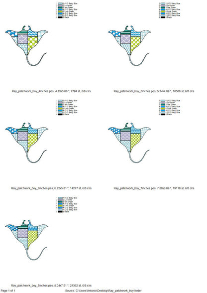 Patchwork Ray patterned sea life ocean animal Skate fish outline machine embroidery designs sizes 4 up to 8 inches boys beach t-shirt design