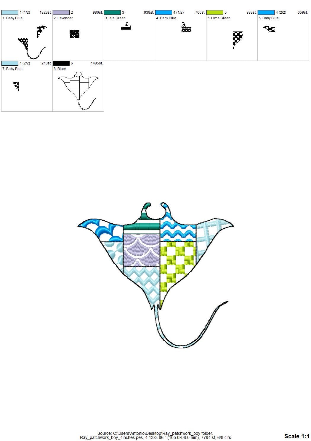 Patchwork Ray patterned sea life ocean animal Skate fish outline machine embroidery designs sizes 4 up to 8 inches boys beach t-shirt design