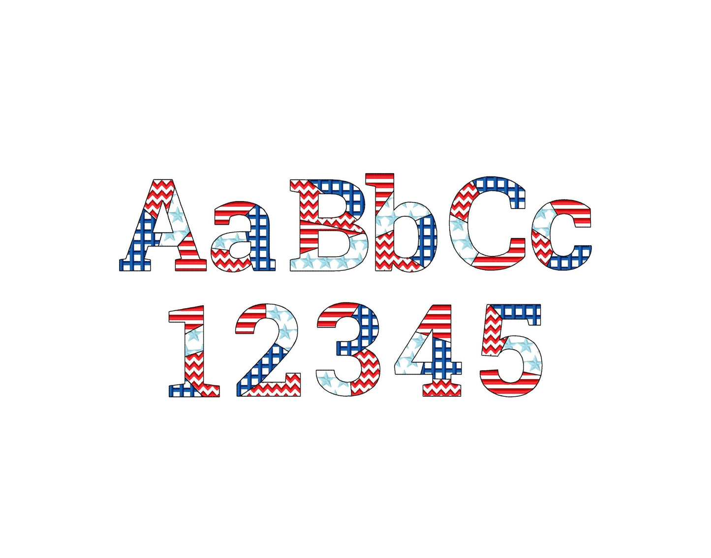 Patchwork USA flag Block FONT patterned and outline alphabet monogram letters patriotic machine embroidery design