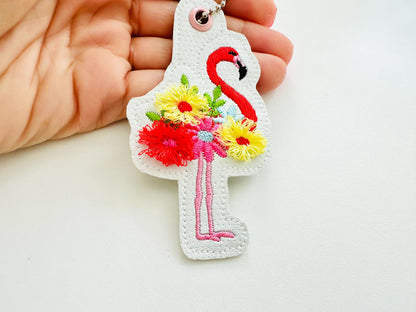 Fringed floral Flamingo Eyelet and key fob snap tab in the hoop machine embroidery designs pretty bird ITH project kids girls keychain tag