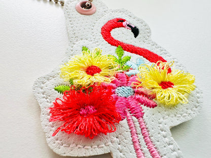 Fringed floral Flamingo Eyelet and key fob snap tab in the hoop machine embroidery designs pretty bird ITH project kids girls keychain tag