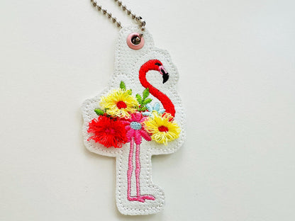 Fringed floral Flamingo Eyelet and key fob snap tab in the hoop machine embroidery designs pretty bird ITH project kids girls keychain tag