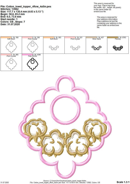 Cotton Flower towel topper hanging hole SET of 3 types In The Hoop machine embroidery designs ITH project Towel hanger for hoop 4x4 and 5x7