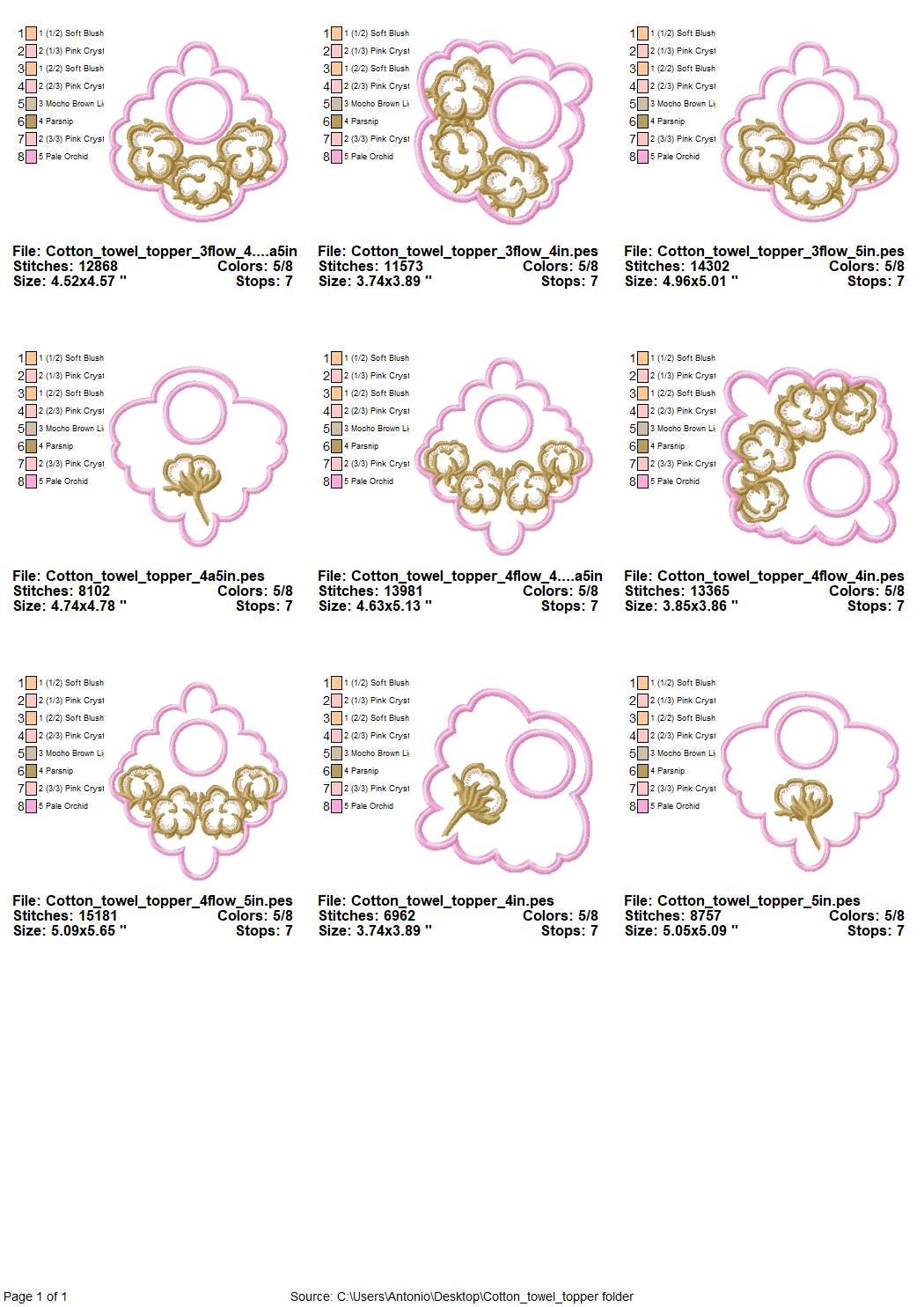 Cotton Flower towel topper hanging hole SET of 3 types In The Hoop machine embroidery designs ITH project Towel hanger for hoop 4x4 and 5x7