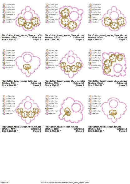 Cotton Flower towel topper hanging hole SET of 3 types In The Hoop machine embroidery designs ITH project Towel hanger for hoop 4x4 and 5x7