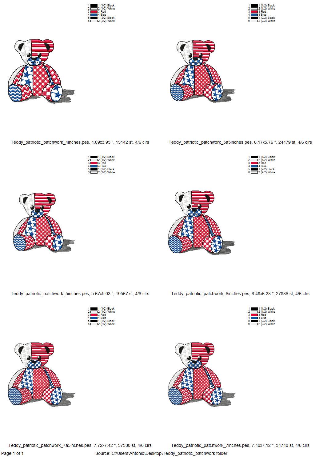 Patriotic Patchwork Teddy Bear patterned Teddy outline machine embroidery designs sizes 4 up to 7.5 inches US flag American 4th of July