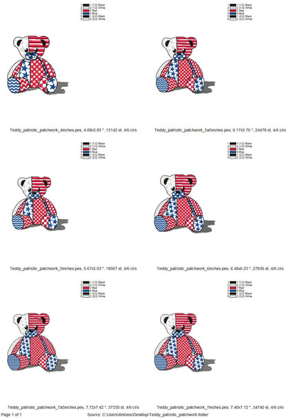 Patriotic Patchwork Teddy Bear patterned Teddy outline machine embroidery designs sizes 4 up to 7.5 inches US flag American 4th of July