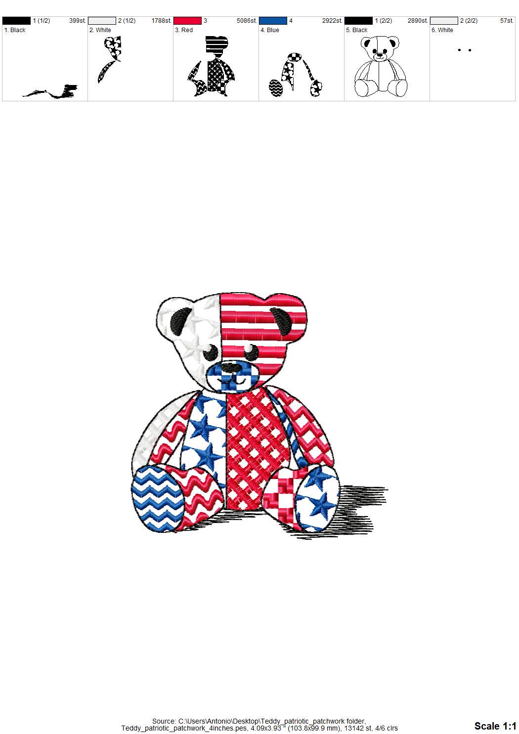 Patriotic Patchwork Teddy Bear patterned Teddy outline machine embroidery designs sizes 4 up to 7.5 inches US flag American 4th of July