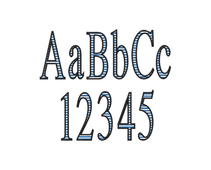 Block Striped Narrow Font satin stitch alphabet monogram letters numbers punctuation machine embroidery designs sizes 2 up to 4.5 inch, BX