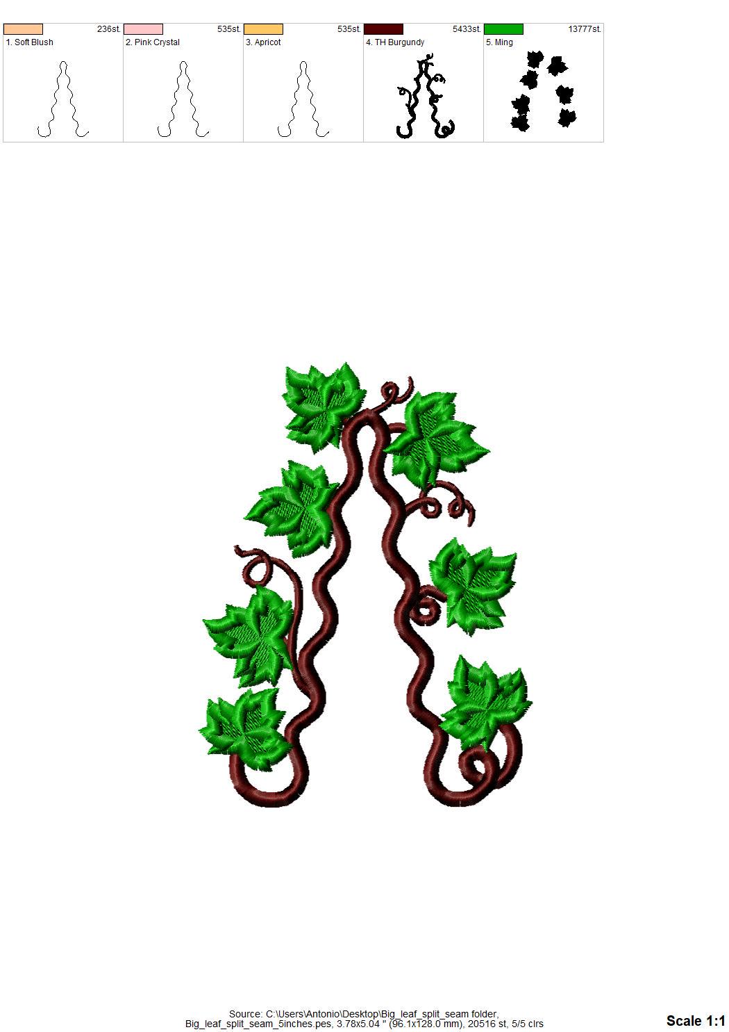 Floral Ivy Leaf Vine Leaves scallop edge side bow split seam machine embroidery designs multiple sizes outfit t-shirt sweatshirt flowered