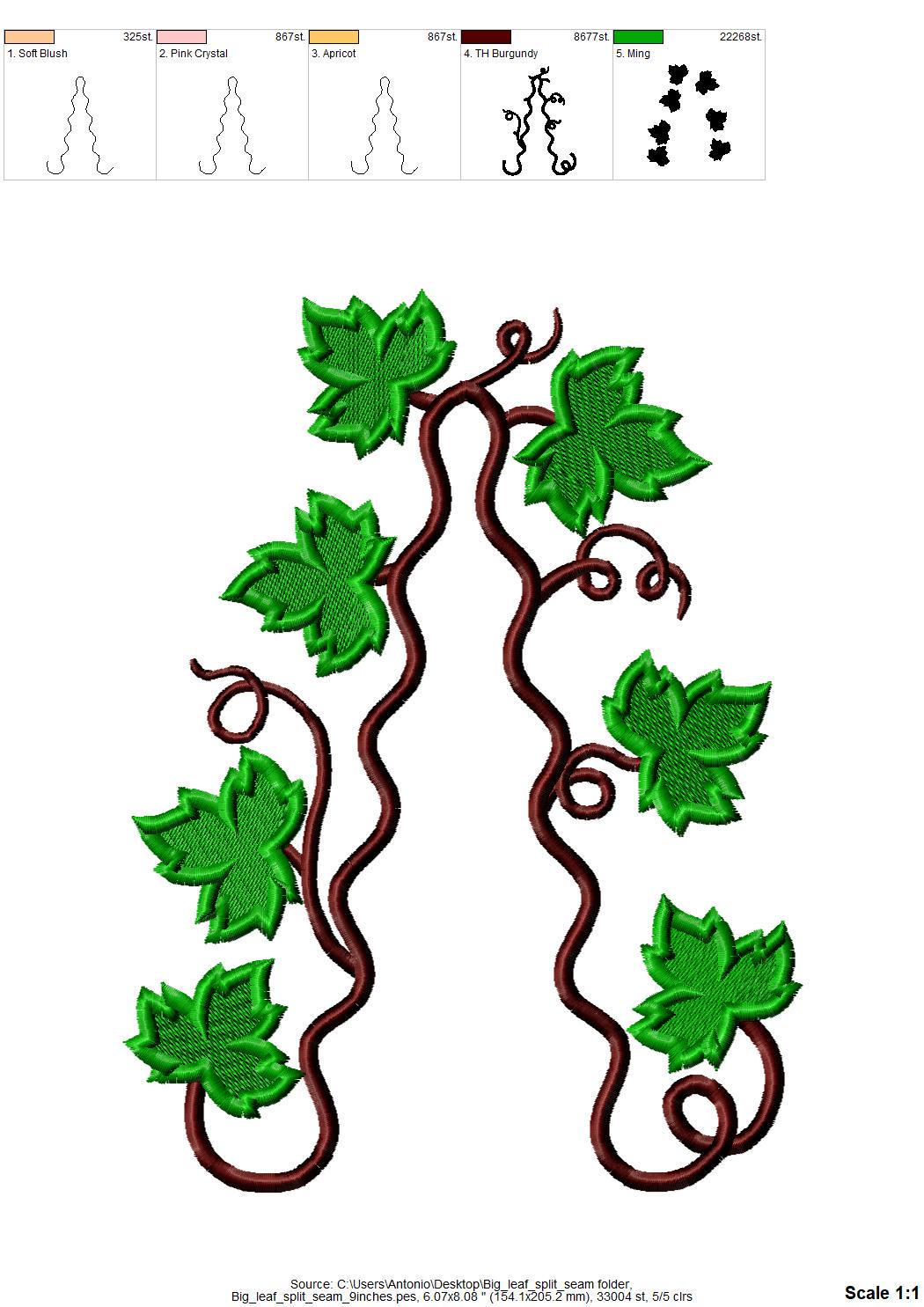 Floral Ivy Leaf Vine Leaves scallop edge side bow split seam machine embroidery designs multiple sizes outfit t-shirt sweatshirt flowered