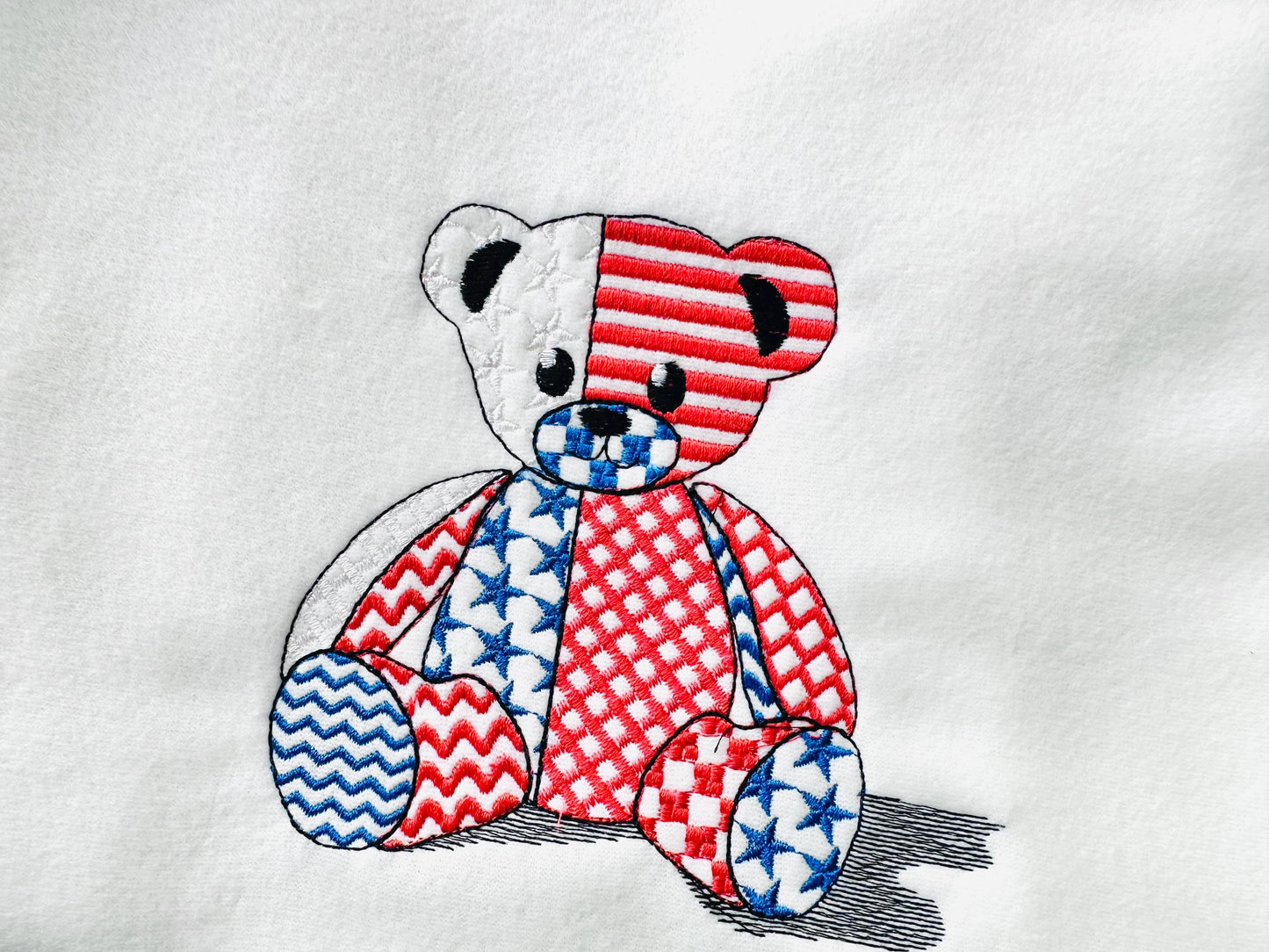 Patriotic Patchwork Teddy Bear patterned Teddy outline machine embroidery designs sizes 4 up to 7.5 inches US flag American 4th of July