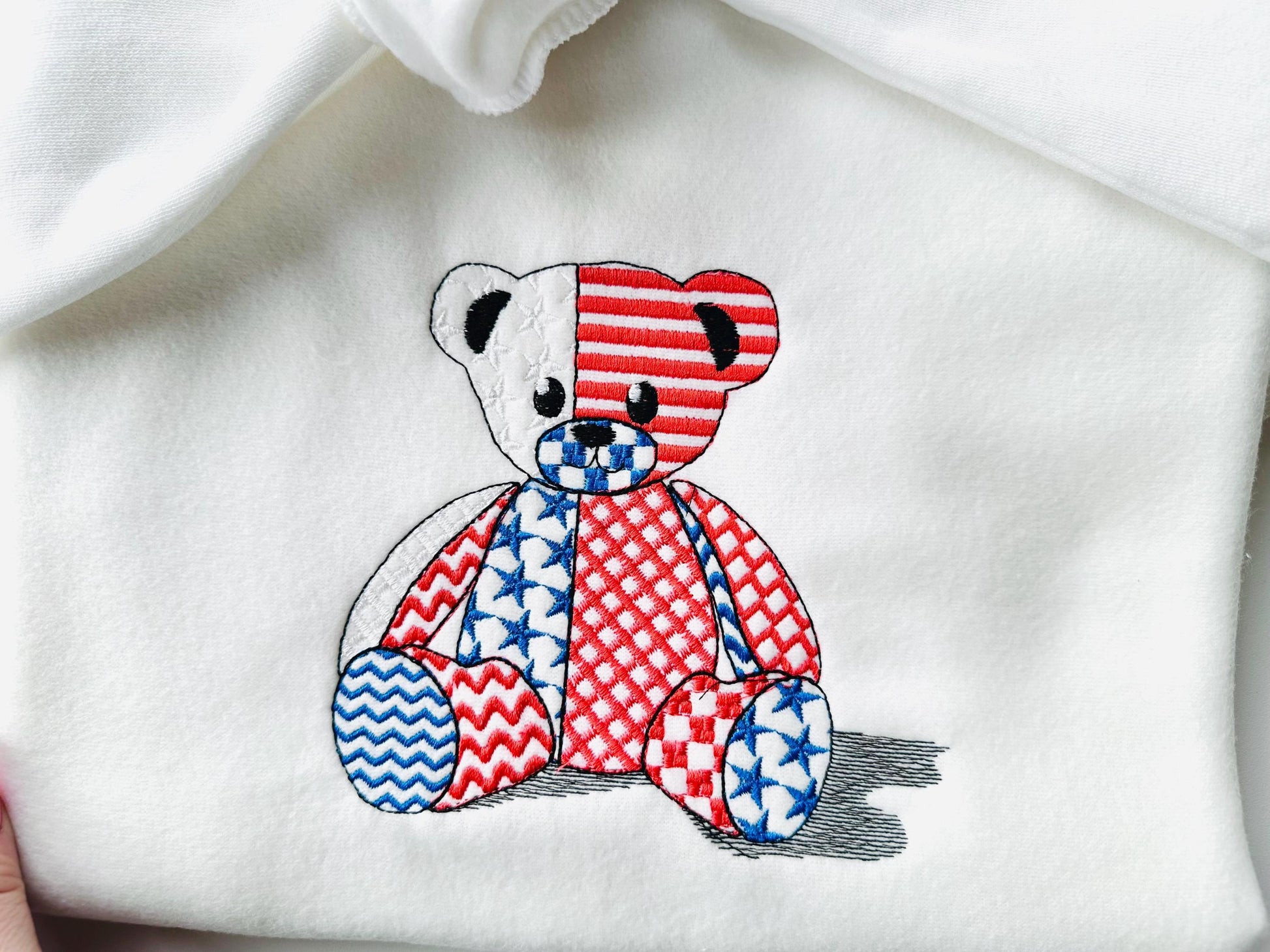 Patriotic Patchwork Teddy Bear patterned Teddy outline machine embroidery designs sizes 4 up to 7.5 inches US flag American 4th of July
