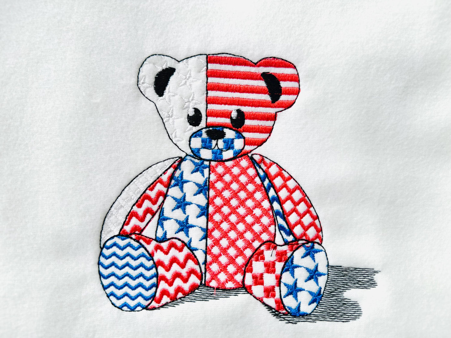 Patriotic Patchwork Teddy Bear patterned Teddy outline machine embroidery designs sizes 4 up to 7.5 inches US flag American 4th of July