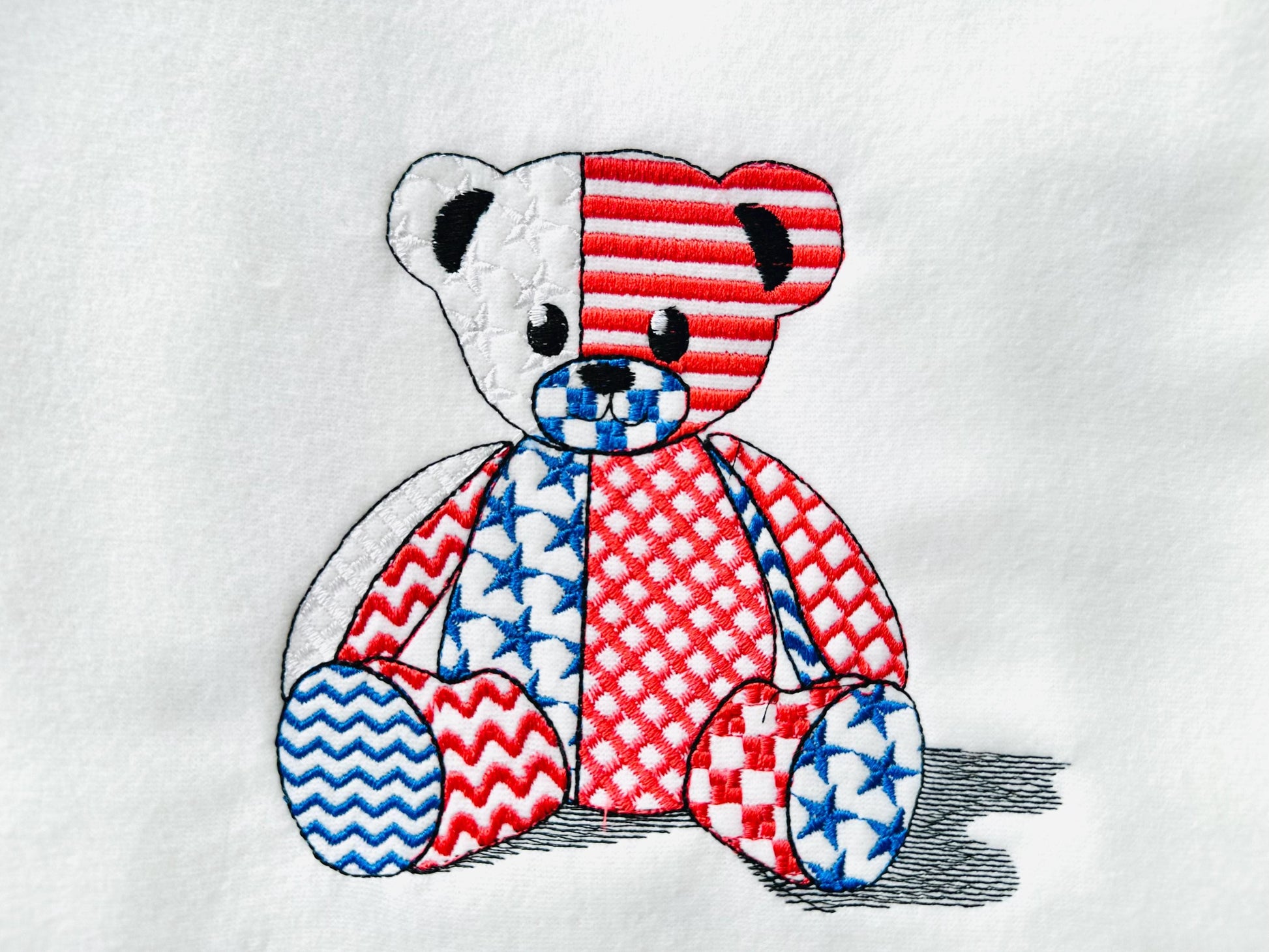 Patriotic Patchwork Teddy Bear patterned Teddy outline machine embroidery designs sizes 4 up to 7.5 inches US flag American 4th of July